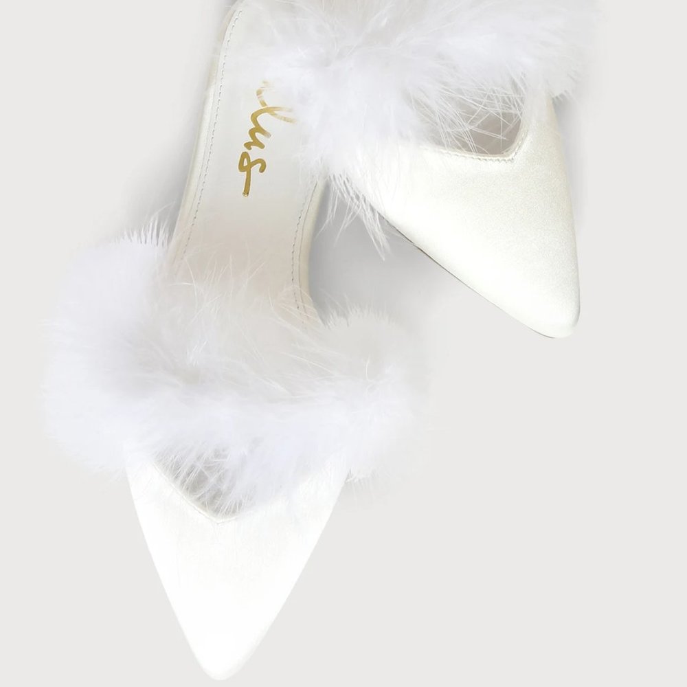 White Satin Feather Pointed-Toe Mule Slides